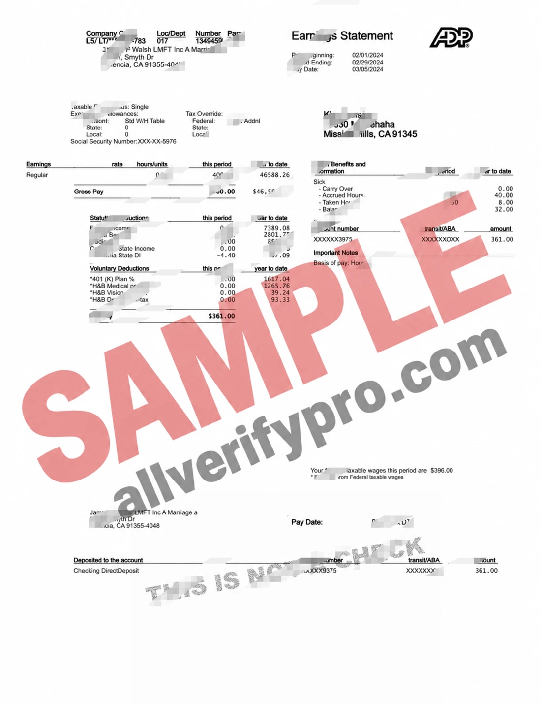 Earnings Statement Word and PDF Template for James P. Walsh LMFT Inc., USA (4 pages)