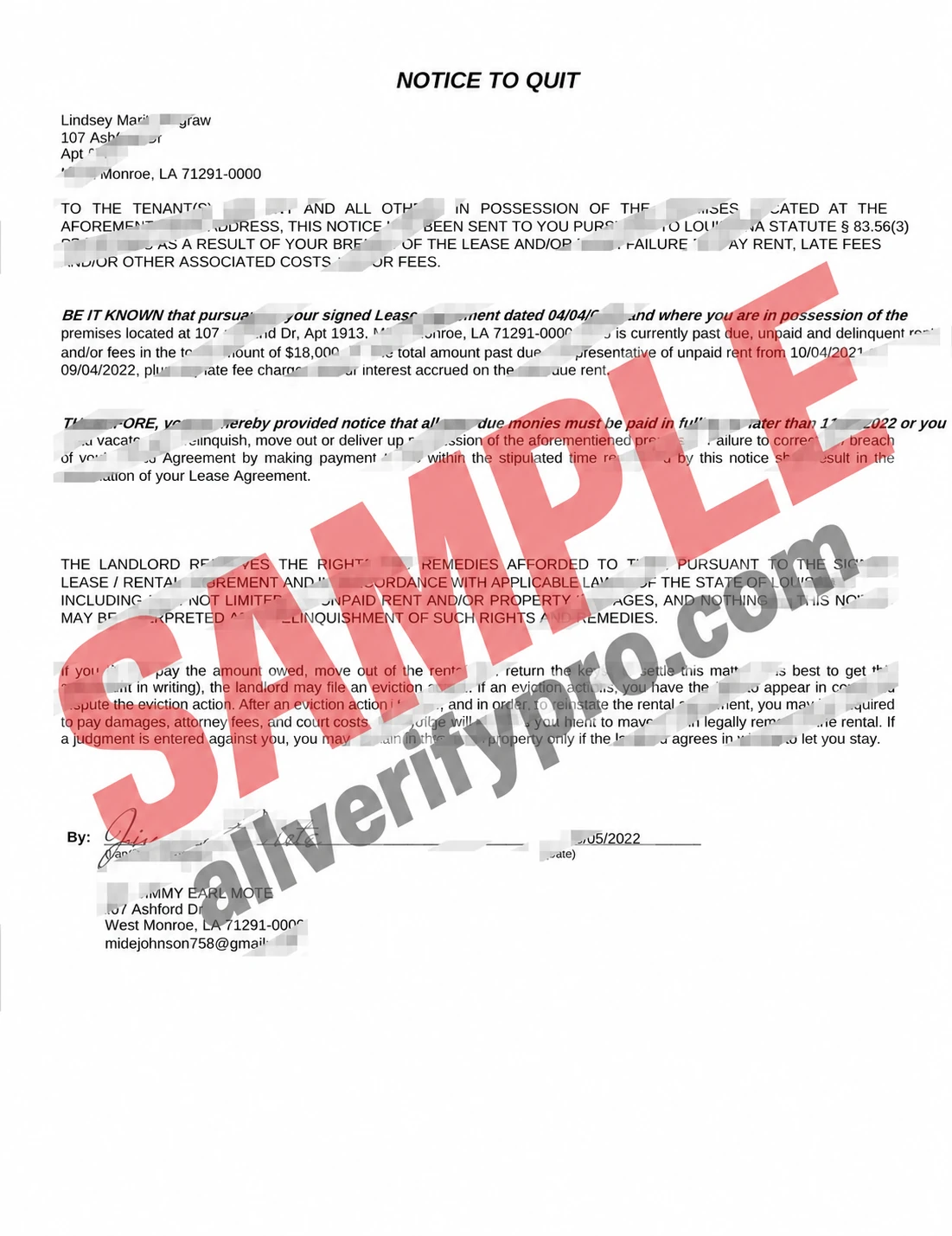 Louisiana Eviction Notice Template