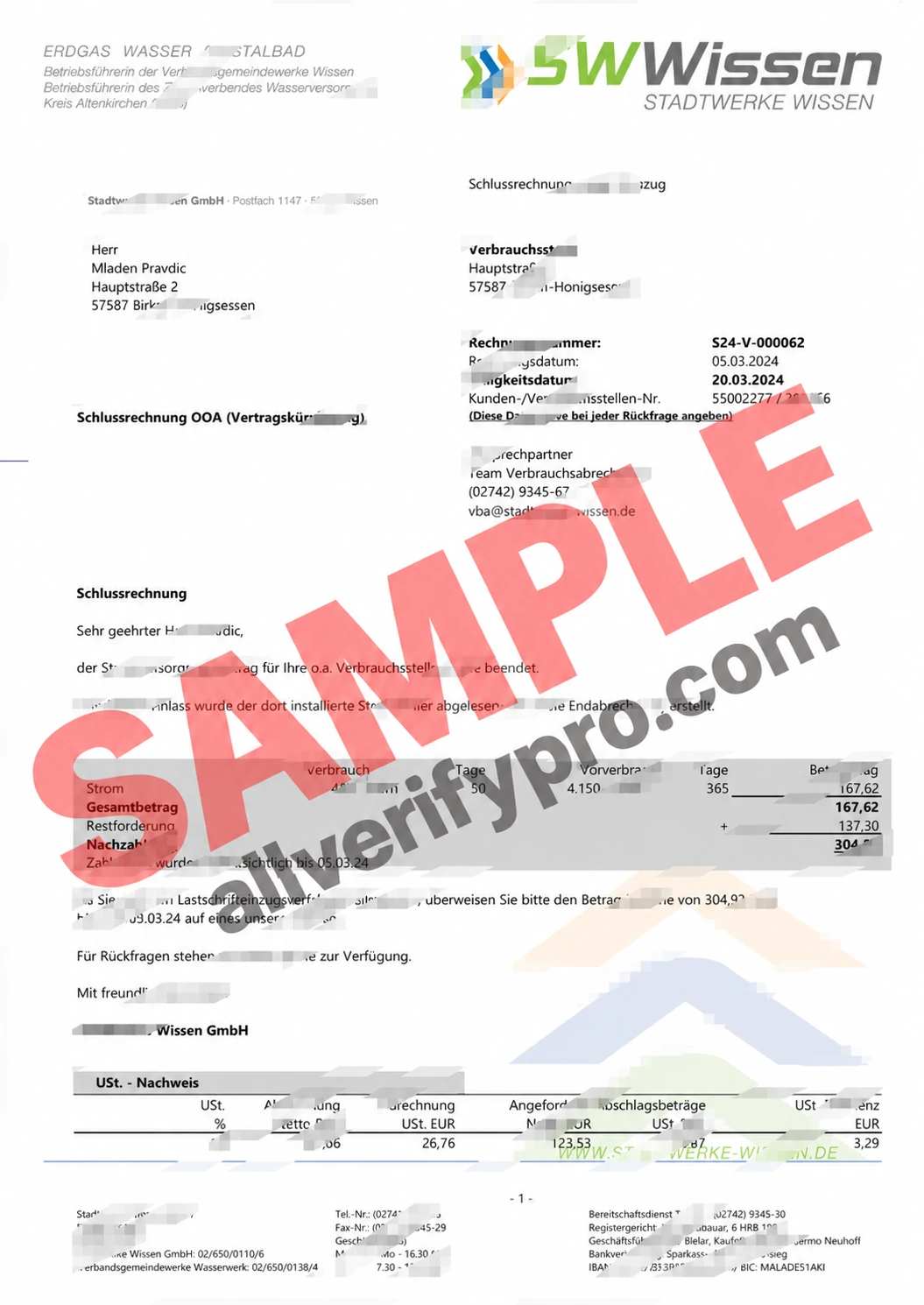 German Municipal Economy Electricity Bill Word and PDF Template (6 pages)