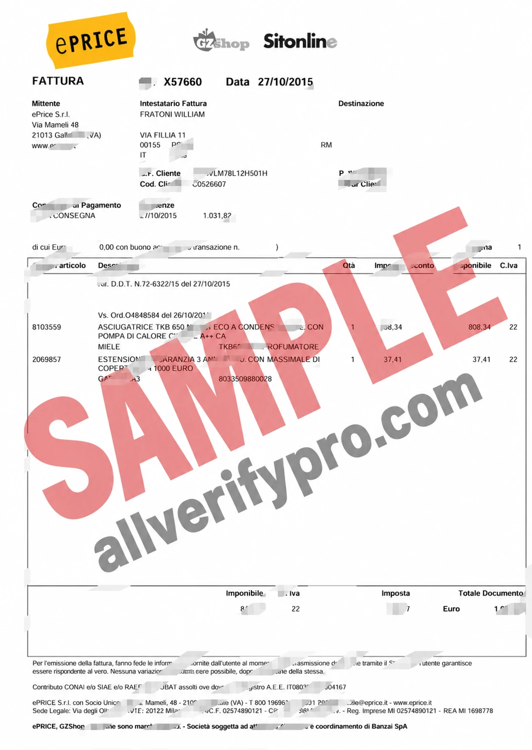 เทมเพลตใบแจ้งหนี้การขาย ePRICE ประเทศอิตาลี (รูปแบบ Word และ PDF)