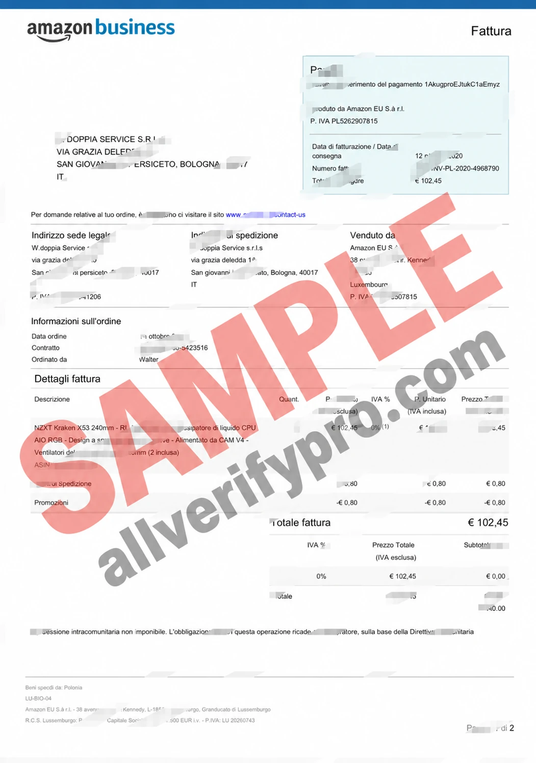 Italian Amazon EU Sales Invoice Word and PDF Templates (2 pages)