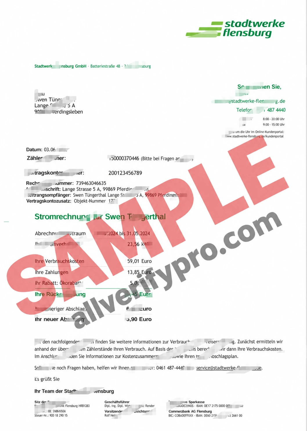 Word and PDF Templates for Flensburg Municipal Electricity Bills, Germany