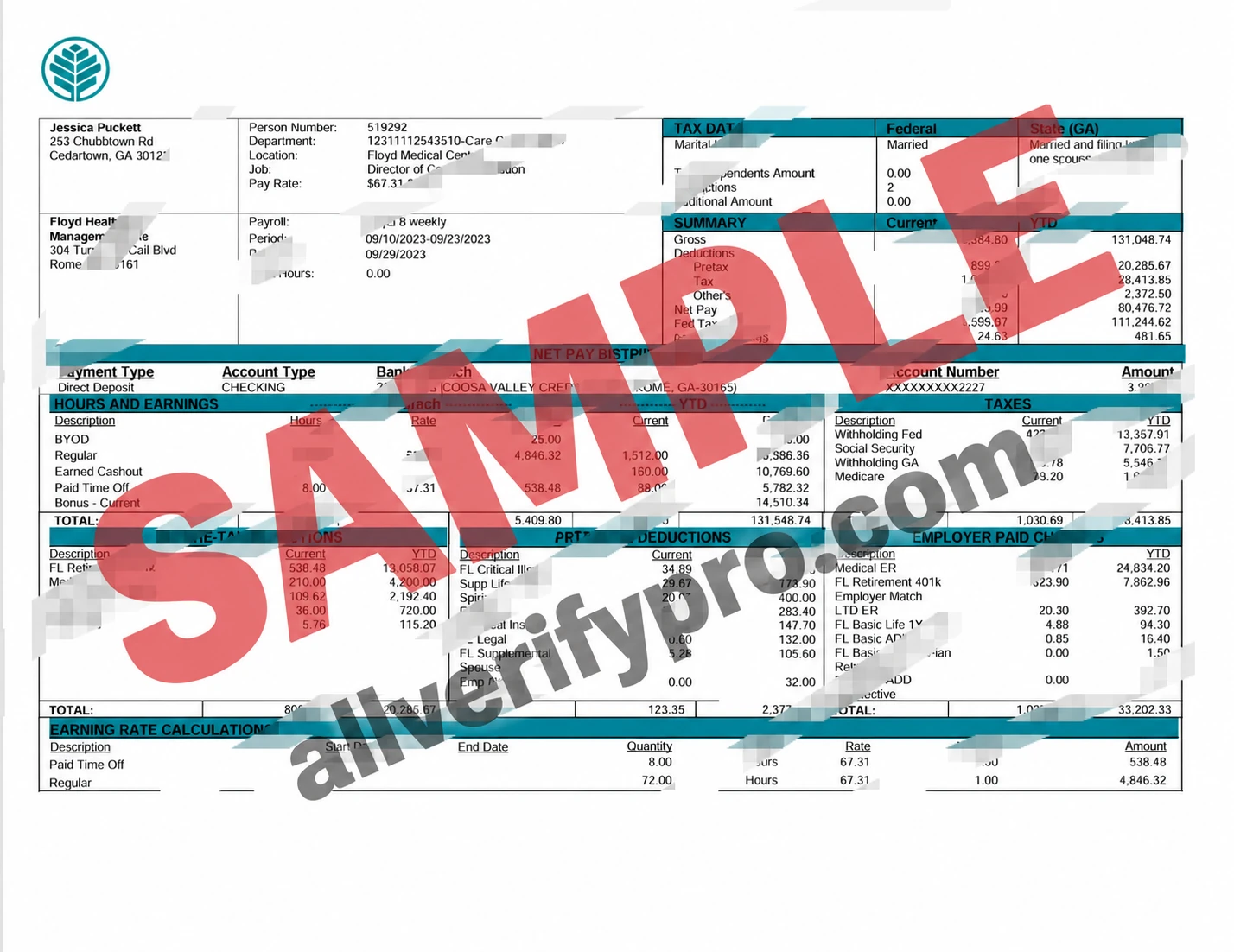 Payroll template (Word and PDF) for Floyd Healthcare Management, USA (2 pages)
