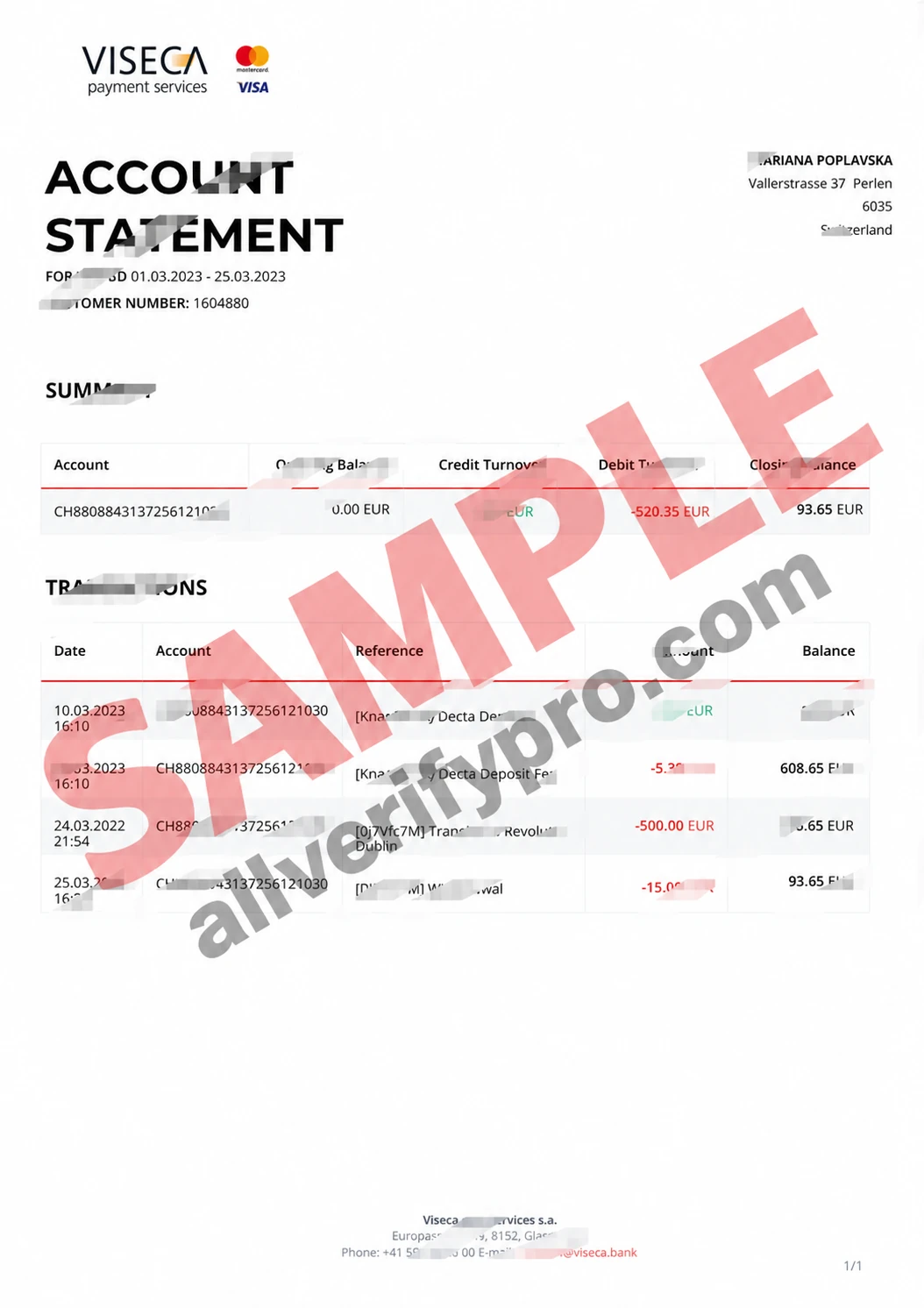 Swiss Viseca credit card statement Word and PDF template