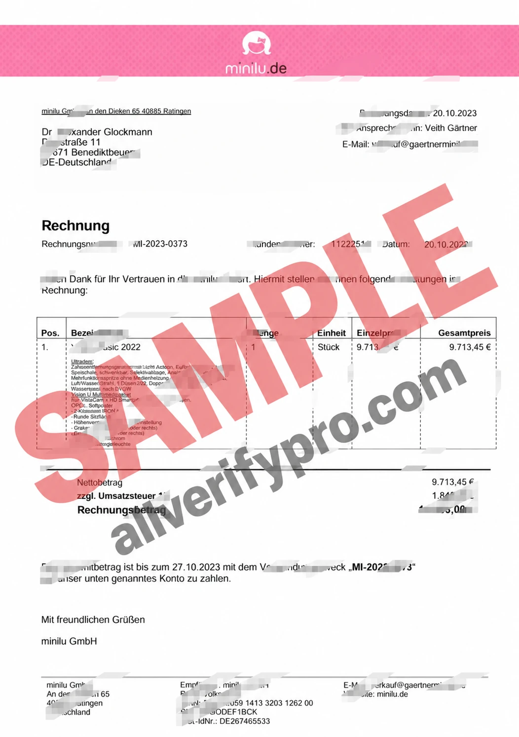 เทมเพลตใบแจ้งหนี้การขาย minilu GmbH ประเทศเยอรมนี ในรูปแบบ Word และ PDF