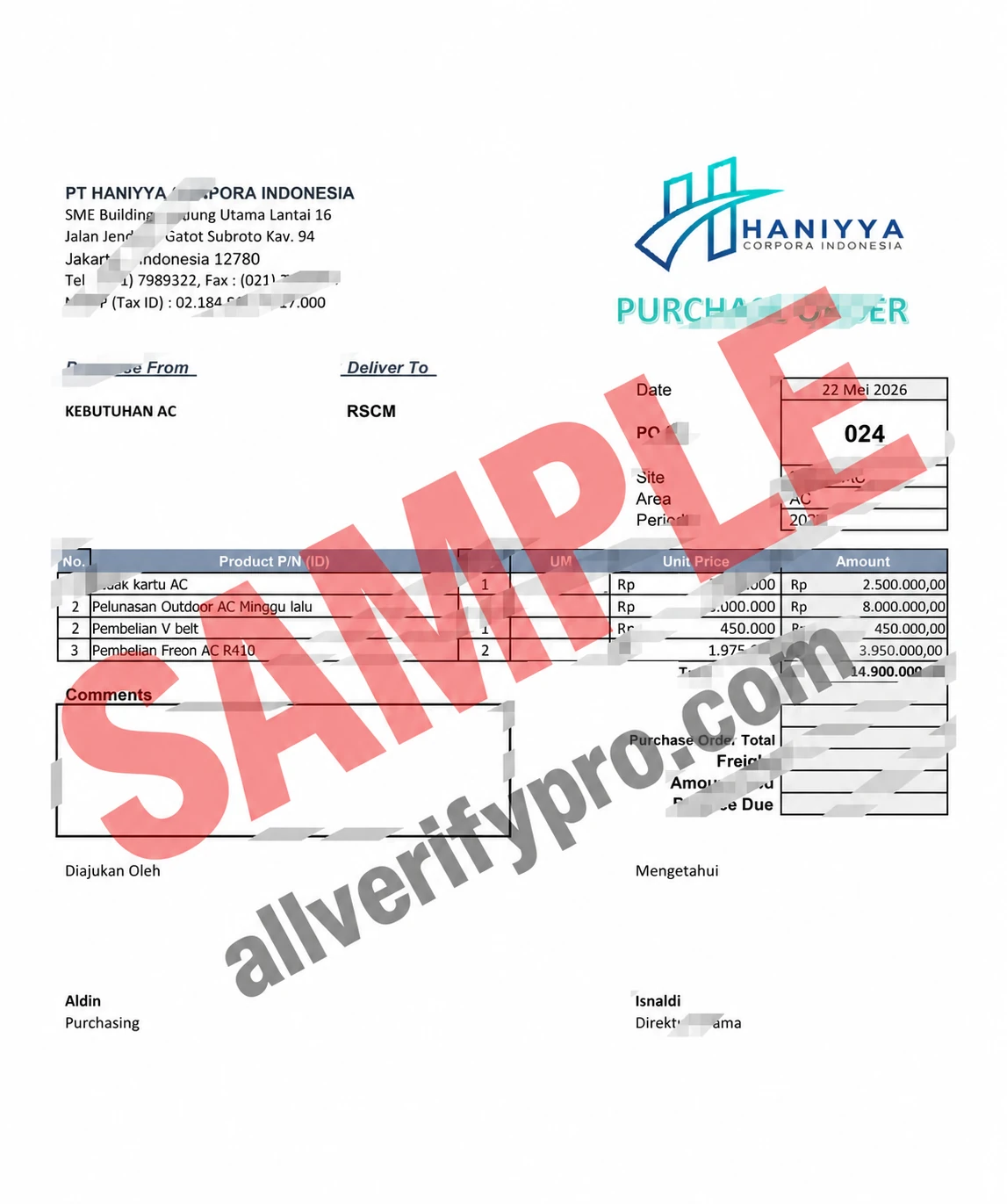 Plantillas de orden de compra de Indonesia de la empresa indonesia PT Haniyya en Word y PDF