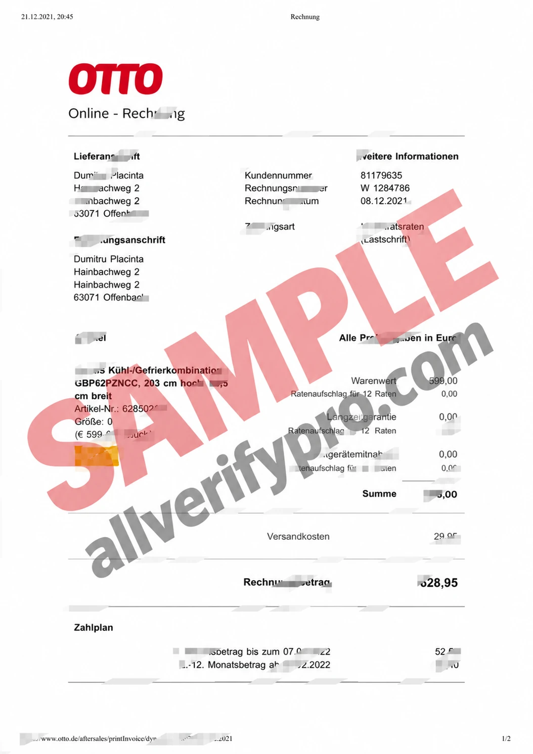 Germany Otto GmbH & Co KG Sales Invoice Template (Word and PDF, 2 pages)