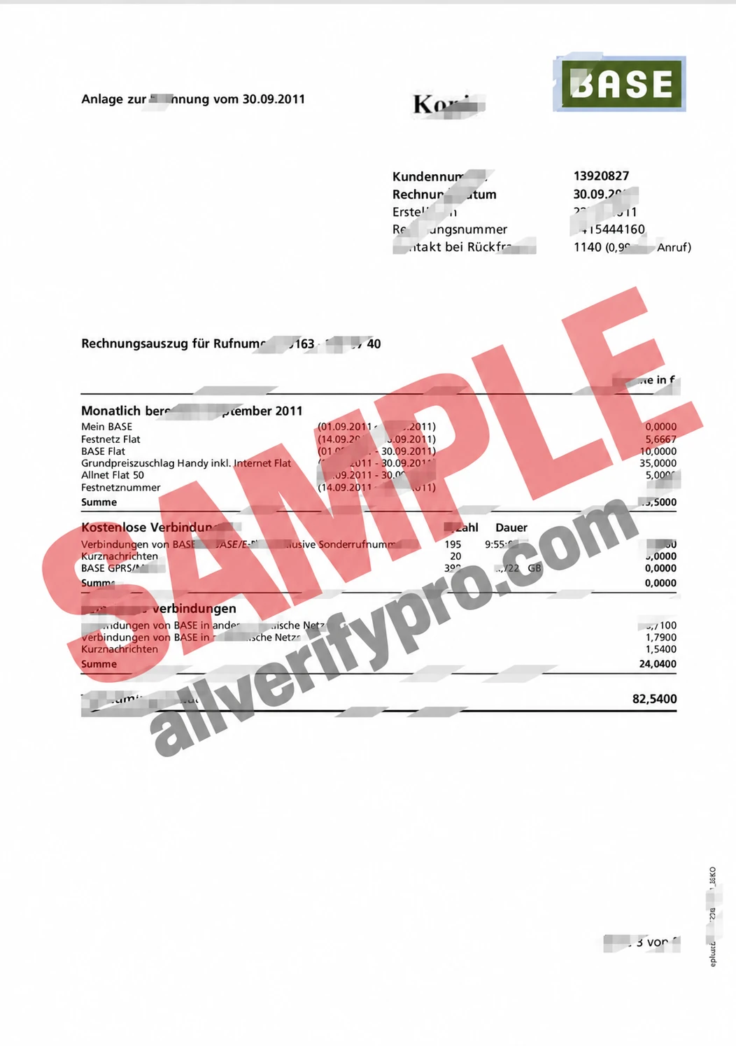 Templat Tagihan Telepon Seluler BASE Jerman dalam Word dan PDF