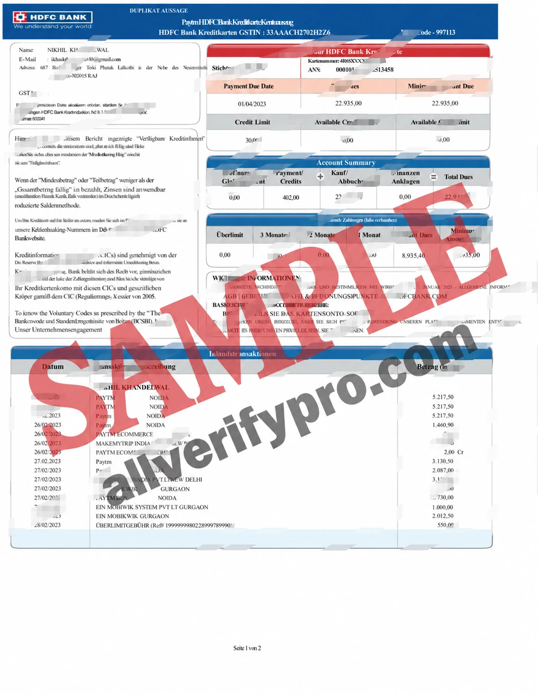 Plantilla de estado de cuenta de tarjeta de crédito de HDFC Bank India en Word y PDF (2 páginas)